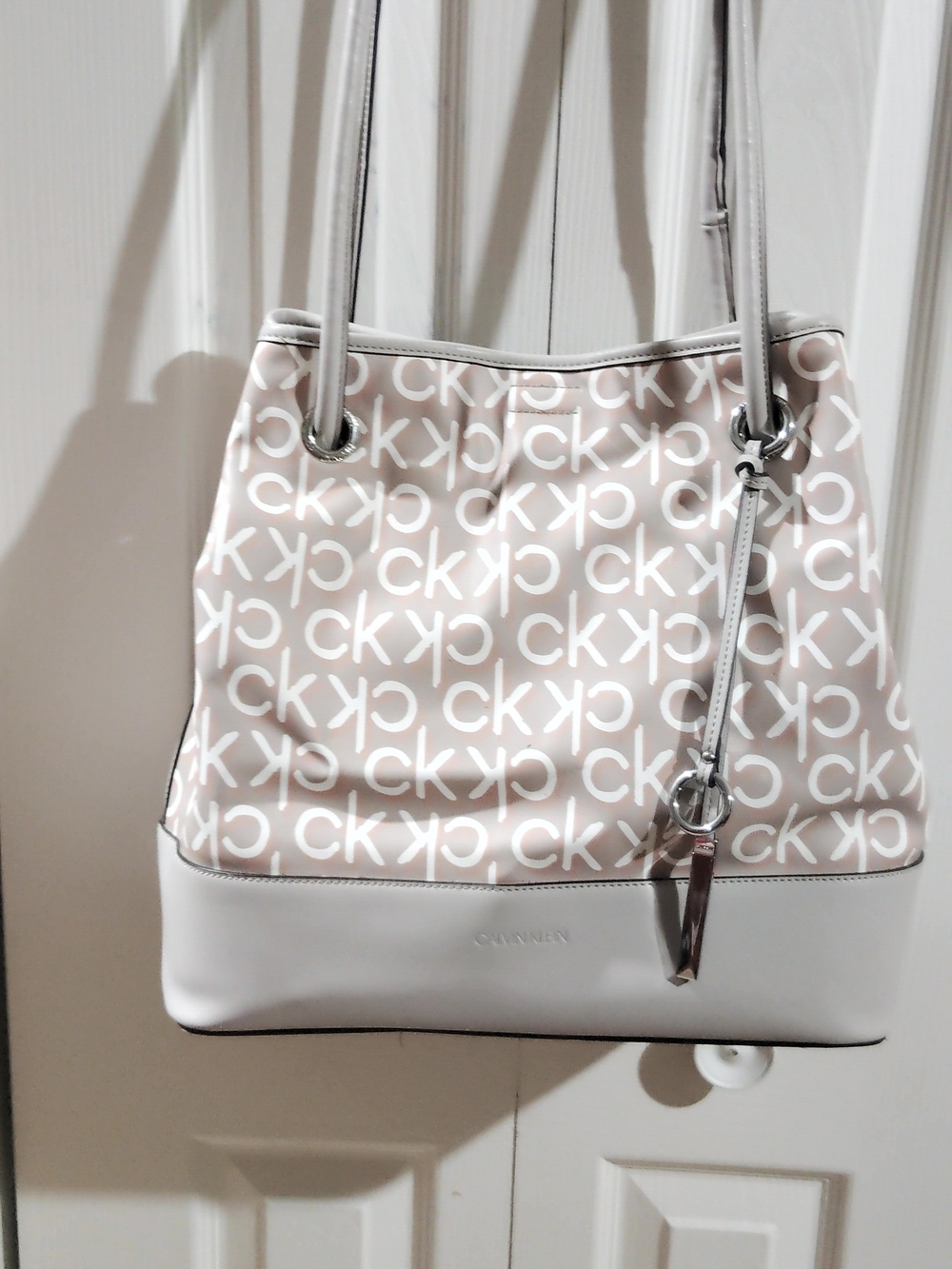 Calvin Klein Beige and White Monogram Shoulder Bag